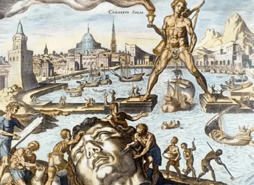 Illustration of the Colossus of Rhodes with legs spread