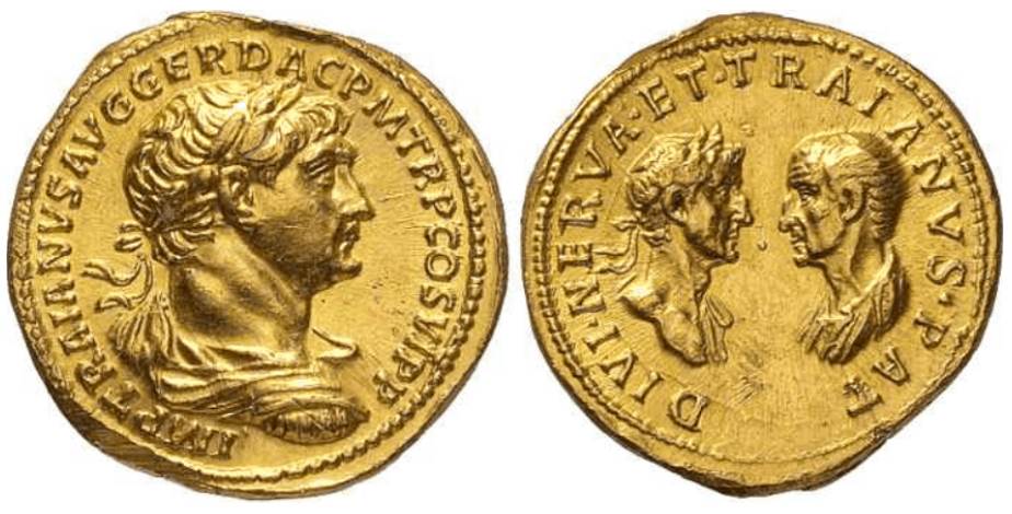 Roman coin of the deified Nerva (left), minted by Trajan around 115 A.D.