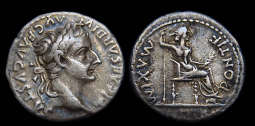Roman coin featuring Tiberius