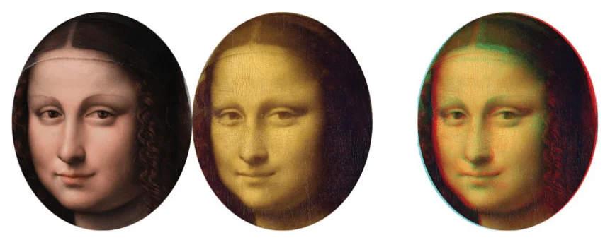 The Prada Painting left and the Mona Lisa in the middle. The 3D image on the right