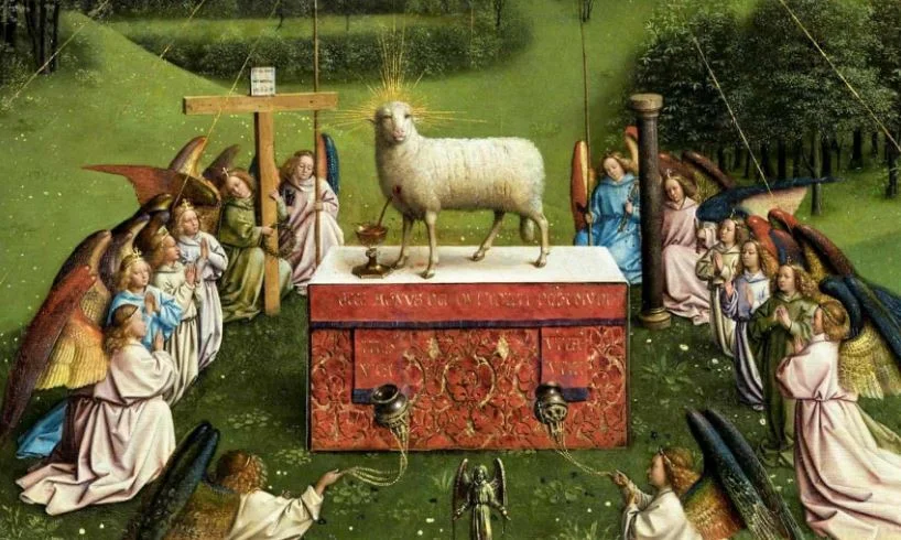 Ghent altarpiece detail of the lamb and angels
