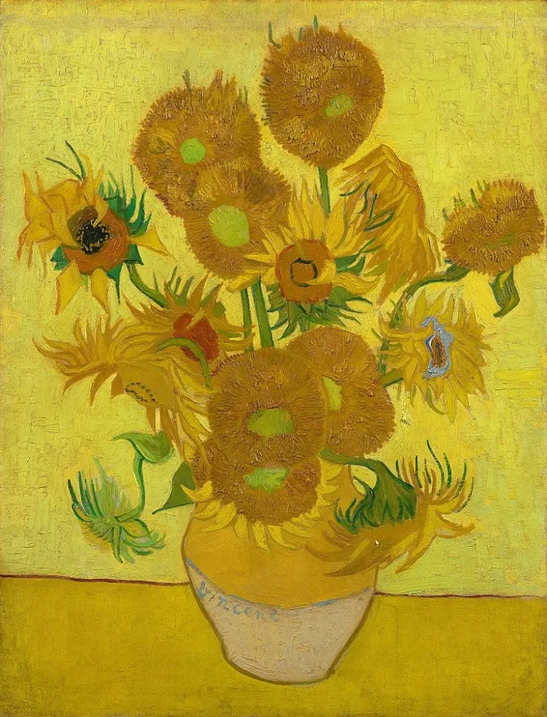 The Sunflowers painting with a strip of wood on top