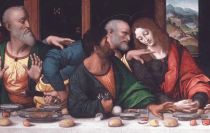 Judas tipping over the salt and peter holding a knife