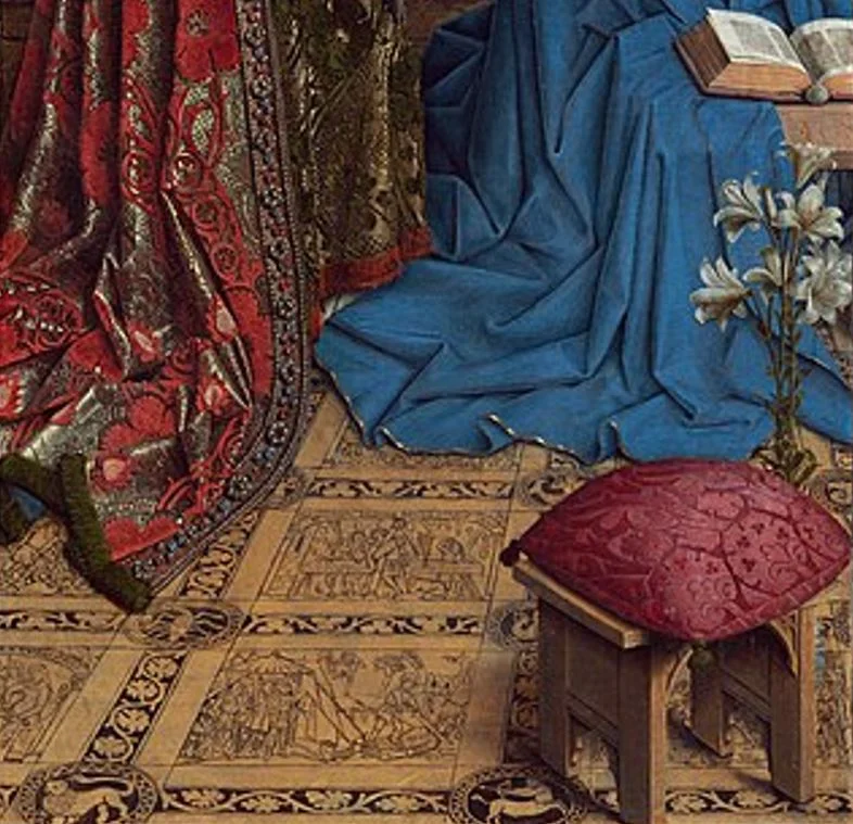 annunciation van eyck bottom of the painting detail vase and lilies