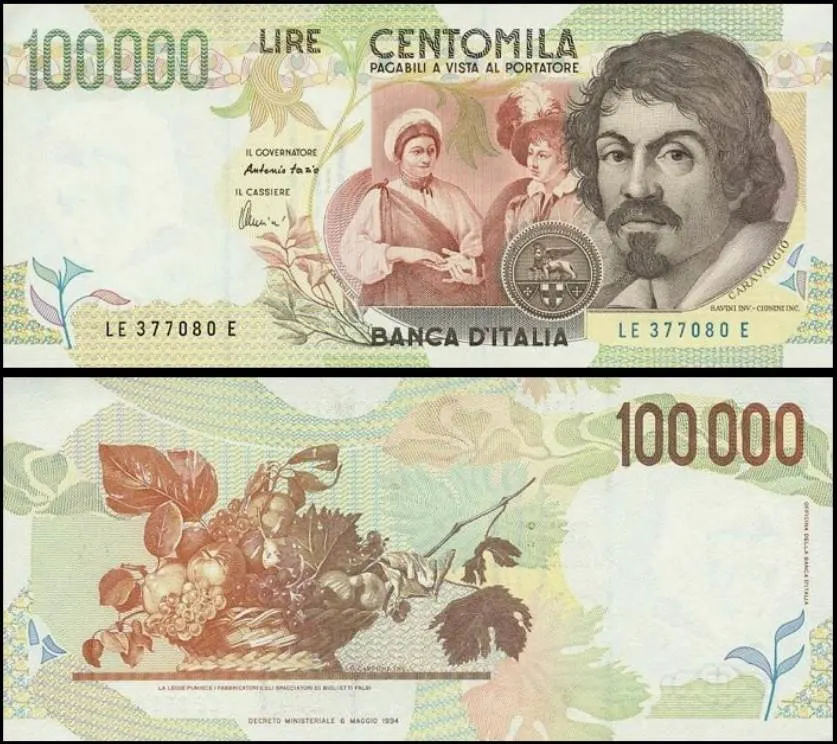 100000 lire banknote caravaggio