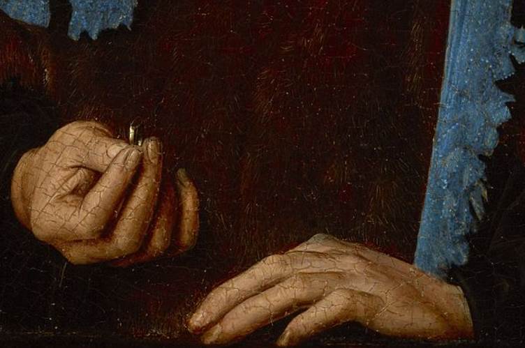 Portrait of a man with a blue chaperon detail of ring