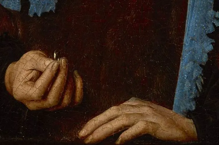 Portrait of a man with a blue chaperon detail of ring