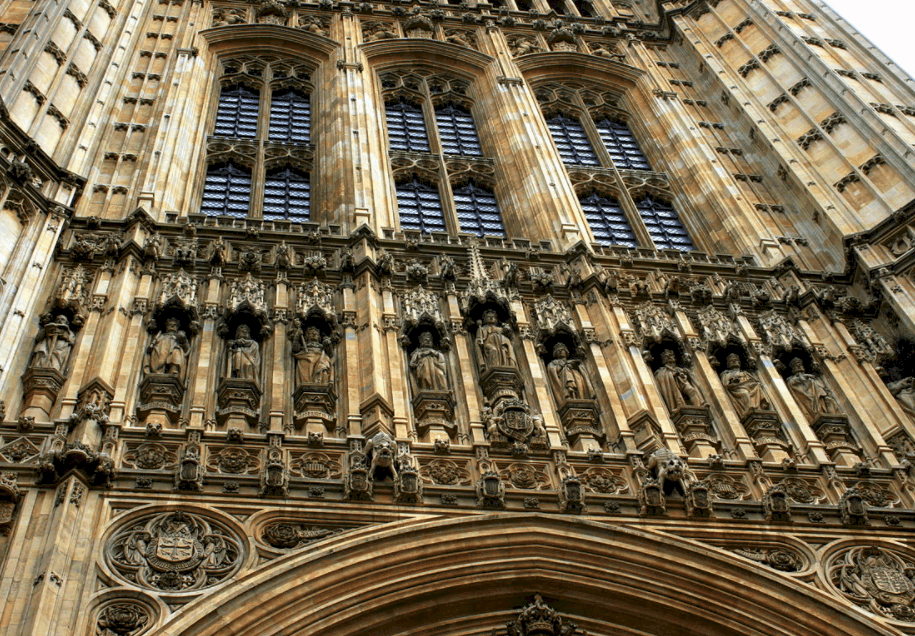 Victoria Tower detail of statues above the entrance