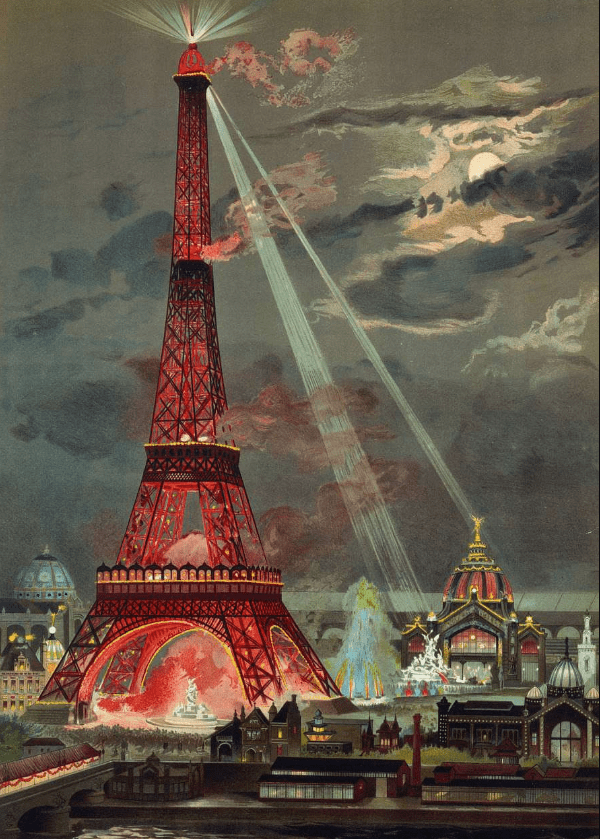 Eiffel Tower at night during the Exposition Universelle of 1889