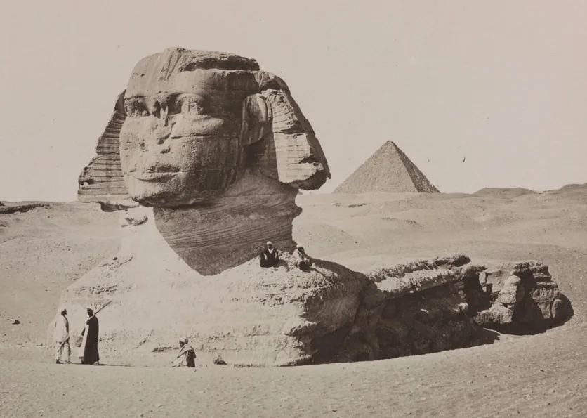 The partially uncovered Great Sphinx of Giza in the 19th century