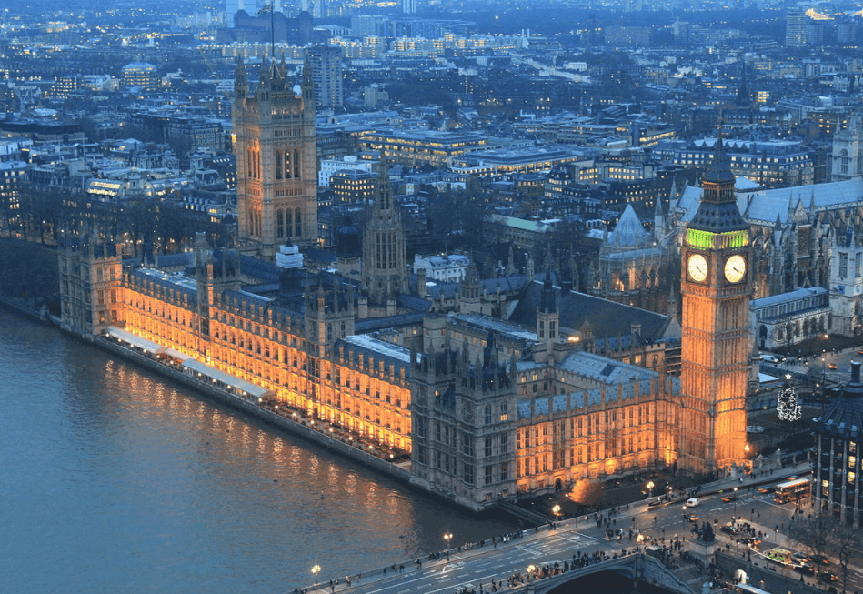 Aerial of Palace of Westminster at night