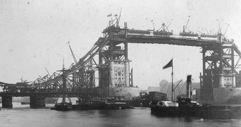 Tower Bridge under construction in 1892 showing the steel framework