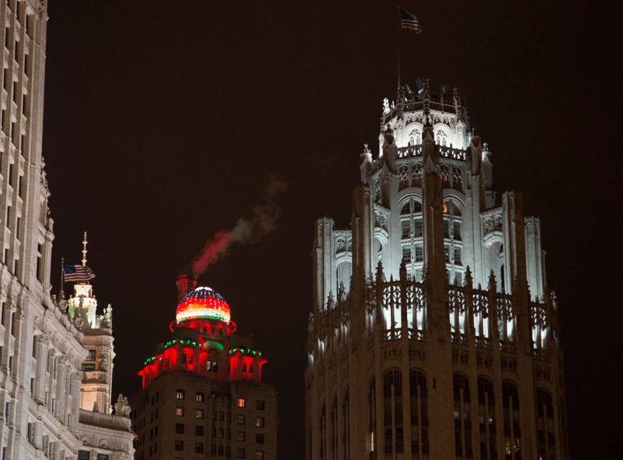 Tribune tower at night