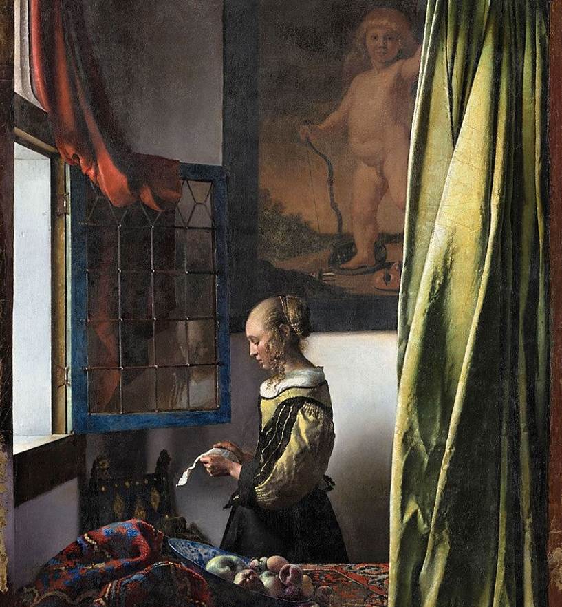 Girl Reading a Letter at an Open Window restored painting