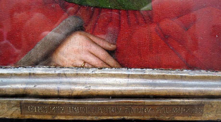 Portrait of Margaret van Eyck signature on frame
