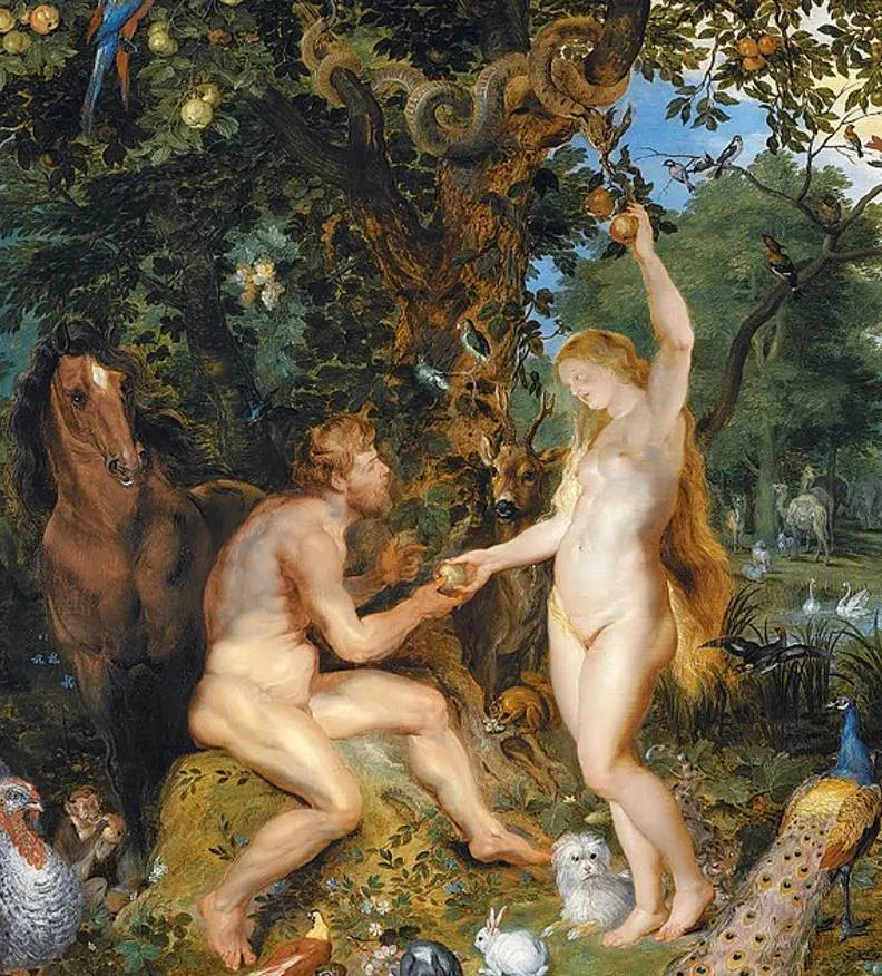 The garden of eden with the fall of man rubens contribution figures horse tree and snake