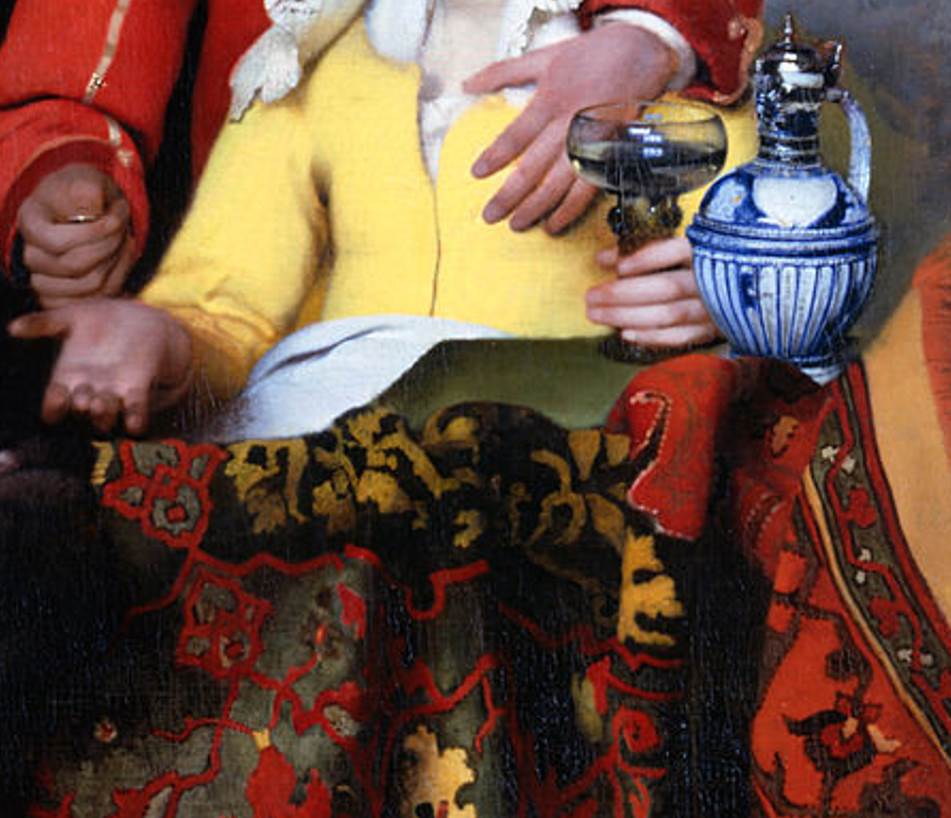The Procuress by Vermeer detail of Pottery and rug