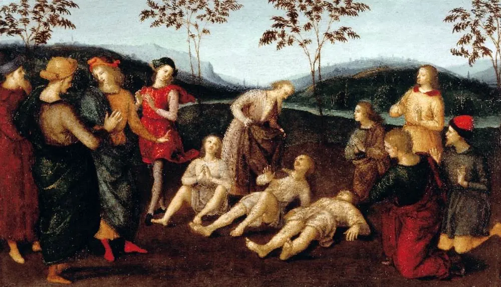 Eusebius of Cremona raising Three Men from the Dead with Saint Jerome's Cloak