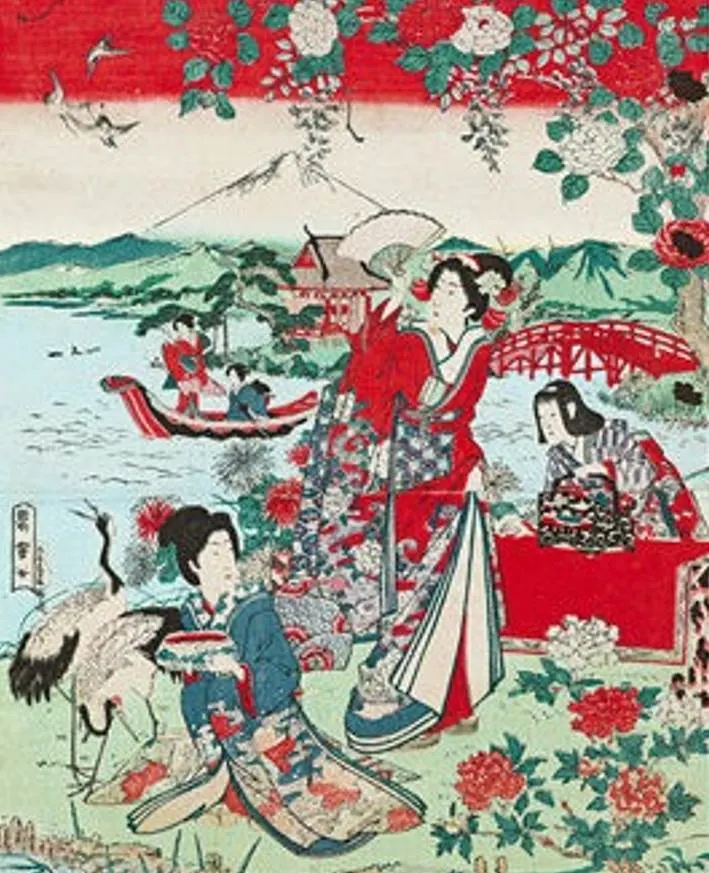 Geishas in a landscape print