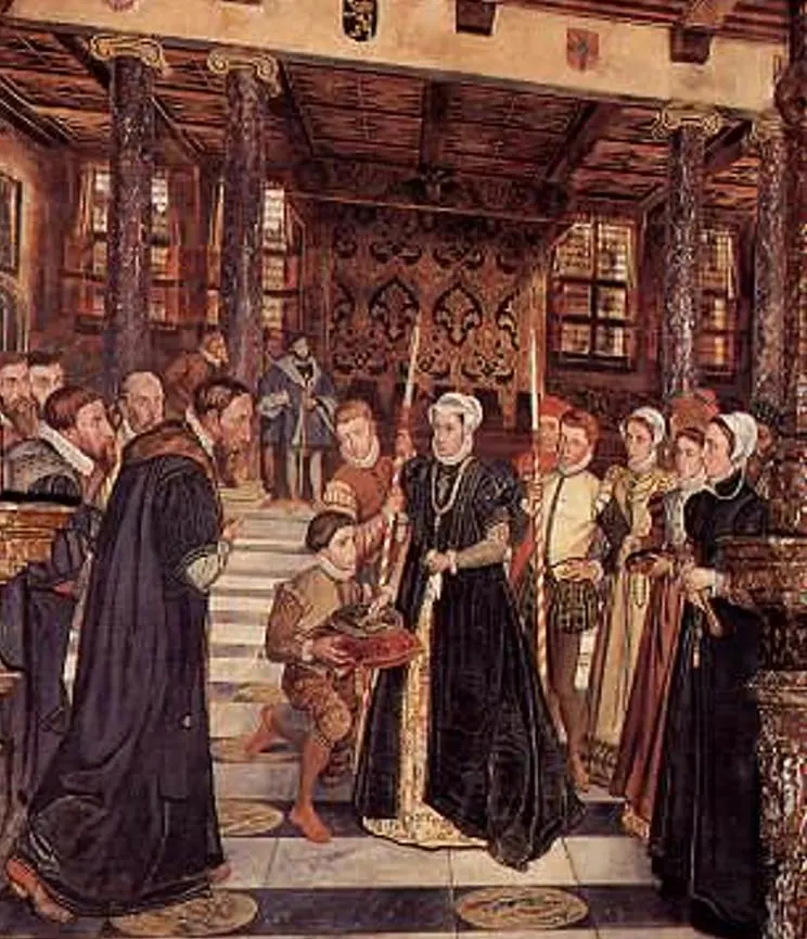 Margaret of Parma hands over the keys to the city by Henri Leys
