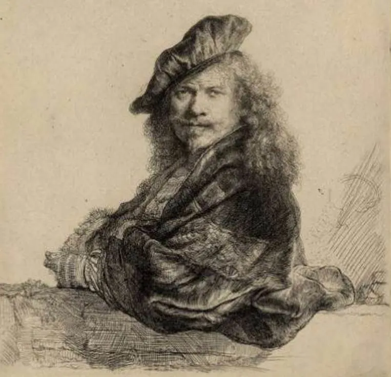 Self-portrait leaning on a stone sill by Rembrandt van Rijn