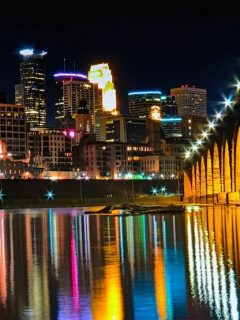 Stone Arch Bridge and downtown Minneapolis at night