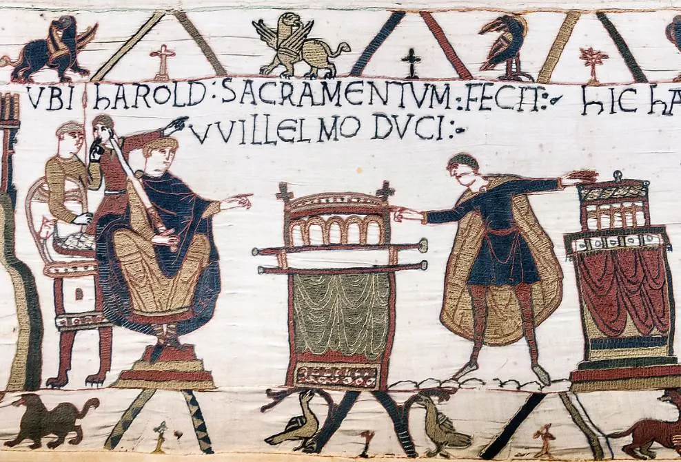 Harold swearing oath on holy relics to William, Duke of Normandy