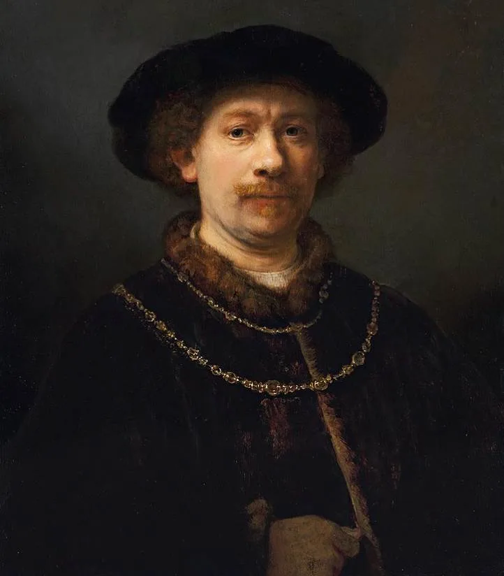 Self-portrait wearing a Hat and two Chains by Rembrandt