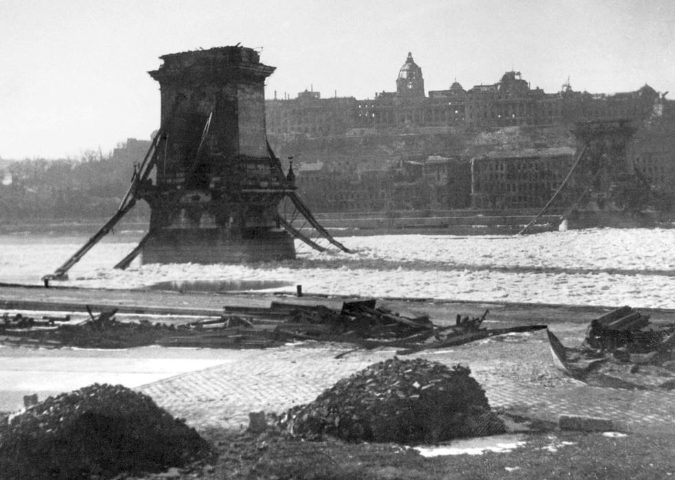 Szechenyi Chain Bridge and Buda Castle in ruins after World War II