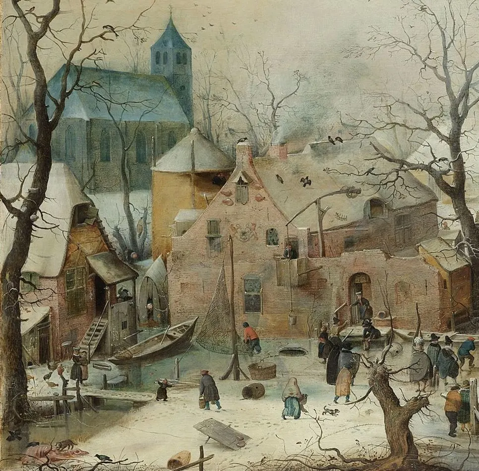 Winter landscape with skaters detail of left side